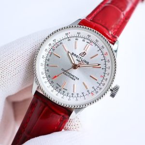 Breitling Navitimer Super Clone by BLS Factory — Steel Case, Silver Dial, Red Leather Strap