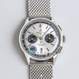 Super Clone Breitling Premier Chronograph 42 Silver Dial with Mesh Bracelet – KB Factory