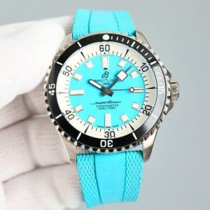Super Clone Breitling Superocean 44 Turquoise Dial Cream Ring Black Bezel with Turquoise Rubber Strap from BLS Factory China Replica Edition