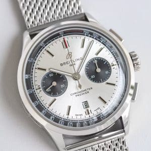 Super Clone Breitling Premier Chronograph 42 Silver Dial with Mesh Bracelet – KB Factory