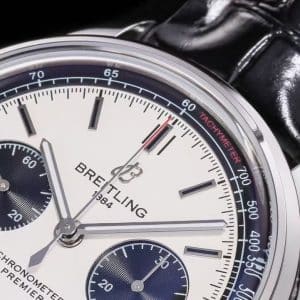 Super Clone Breitling Premier Chronograph 42 Blue-White Dial Stainless Steel Black Leather BLS Factory (V2 Version)