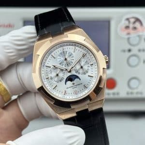 Super Clone Vacheron Constantin Overseas Perpetual Calendar Ultra-Thin 41.5mm Rose Gold Silver Dial Leather Strap 8F Factory
