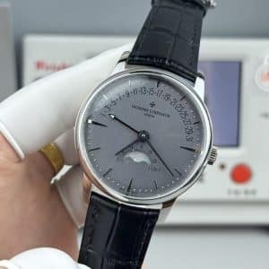 Super Clone Vacheron Constantin Patrimony Moon Phase & Retrograde Date 42.5mm Gray Dial White-Gold Case Black Leather Strap MKS Factory (Ref. 4010U / MKS 9015-Based Calendar + Moonphase Module)