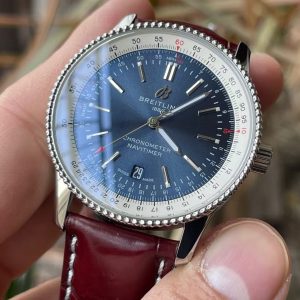 Breitling Navitimer Super Clone – BLS Factory Silver Case Blue Dial on Burgundy Leather Strap