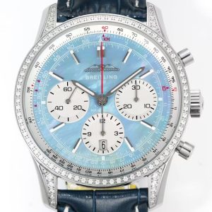 Breitling Navitimer Super Clone by VS Factory — Steel Case, Ice Blue Dial, Blue Leather Strap, Diamond Bezel