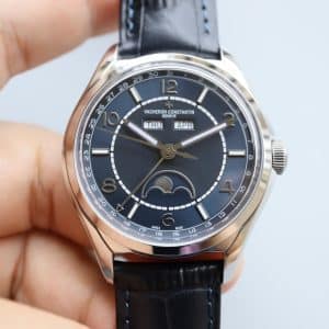 Super Clone Vacheron Constantin Fiftysix 40mm Blue Complete Calendar Dial Pink Gold Case Leather Strap MX Factory