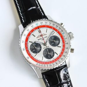 Breitling Navitimer Super Clone – F1 Factory Stainless Steel Silver Dial Black Sub-Dials Red Slide Rule on Black Leather