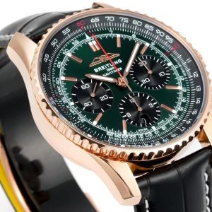 Breitling Navitimer Super Clone – BLS Factory Rose Gold Case Green Dial Black Sub-Dials on Black Leather