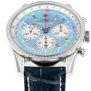 Breitling Navitimer Super Clone by VS Factory — Steel Case, Ice Blue Dial, Blue Leather Strap, Diamond Bezel