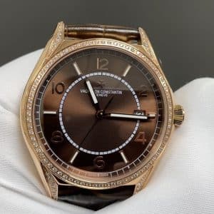 Super Clone Vacheron Constantin Fiftysix 4600E/000A-B402 40mm Brown Dial Diamond Bezel Pink Gold Case Leather Strap TW Factory