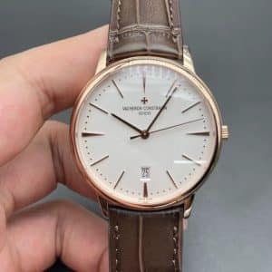 Super Clone Vacheron Constantin Patrimony 40mm White Dial Rose-Gold Case Brown Gradient Leather Strap MKS Factory (Ref. 85180 · 9015-Based 2450 Clone)