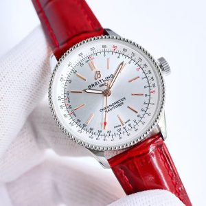 Breitling Navitimer Super Clone by BLS Factory — Steel Case, Silver Dial, Red Leather Strap
