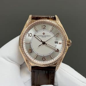 Super Clone Vacheron Constantin Fiftysix 4600E/000A-B402 40mm Silver Dial Diamond Bezel Pink Gold Case Leather Strap TW Factory