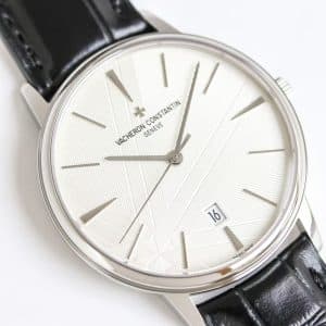 Super Clone Vacheron Constantin Patrimony 40mm Silver Engraved Dial White-Gold Case Black Leather Strap MKS Factory