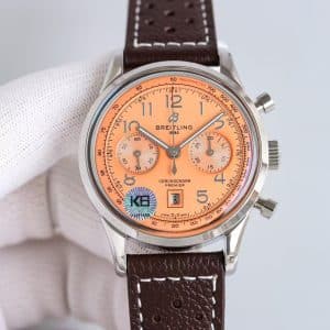 Super Clone Breitling Premier Chronograph 42 Salmon Sunburst Dial Stainless Steel Brown Leather KB Factory
