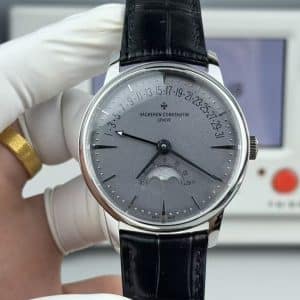 Super Clone Vacheron Constantin Patrimony Moon Phase & Retrograde Date 42.5mm Gray Dial White-Gold Case Black Leather Strap MKS Factory (Ref. 4010U / MKS 9015-Based Calendar + Moonphase Module)