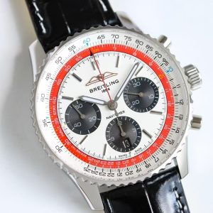 Breitling Navitimer Super Clone – F1 Factory Stainless Steel Silver Dial Black Sub-Dials Red Slide Rule on Black Leather