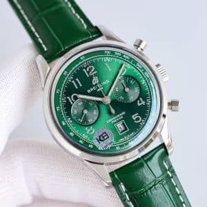 Super Clone Breitling Premier Chronograph 42 Green Sunburst Dial Stainless Steel Green Leather KB Factory