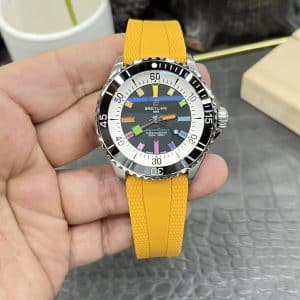 Super Clone Breitling Superocean 44 Rainbow Index Black Dial Stainless Steel Yellow Rubber Strap BLS Factory