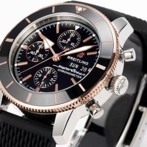 Super Clone Breitling Superocean Heritage Chronograph 44 Black Dial Rose Gold Bezel Black Rubber Strap BLS Factory