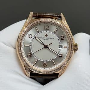 Super Clone Vacheron Constantin Fiftysix 4600E/000A-B402 40mm Silver Dial Diamond Bezel Pink Gold Case Leather Strap TW Factory