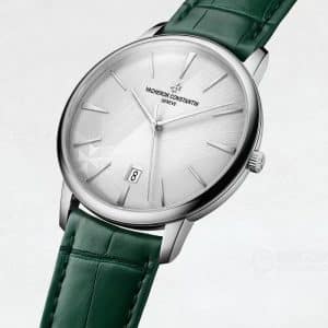 Super Clone Vacheron Constantin Patrimony 40mm Silver Engraved Dial White-Gold Case Green Leather Strap MKS Factory