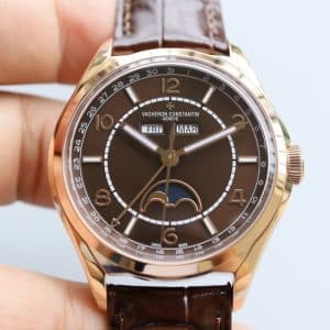 Super Clone Vacheron Constantin Fiftysix 40mm Brown Complete Calendar Dial Pink Gold Case Leather Strap MX Factory