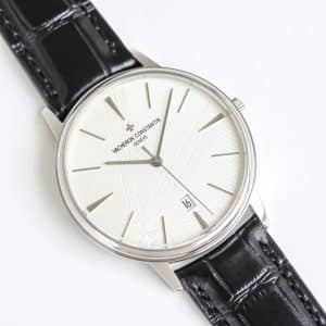 Super Clone Vacheron Constantin Patrimony 40mm Silver Engraved Dial White-Gold Case Black Leather Strap MKS Factory