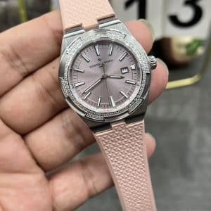 Super Clone Vacheron Constantin Overseas Lady 33mm Pink Dial Diamond Bezel Pink Rubber Strap BBS Factory