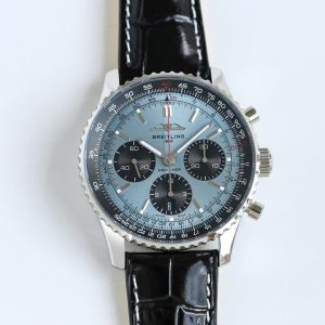 Breitling Navitimer Super Clone – F1 Factory Stainless Steel Ice Blue Dial Black Sub-Dials on Black Leather