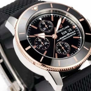 Super Clone Breitling Superocean Heritage Chronograph 44 Black Dial Rose Gold Bezel Black Rubber Strap BLS Factory