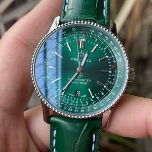 Breitling Navitimer Super Clone – BLS Factory Silver Case Green Dial on Green Leather Strap