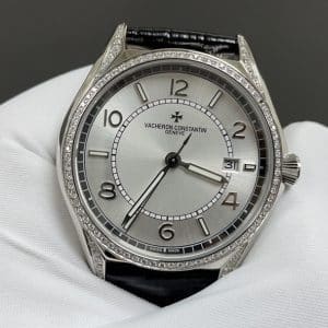 Super Clone Vacheron Constantin Fiftysix 40mm Silver Sector Dial Steel Case Diamond Bezel Leather Strap TW Factory