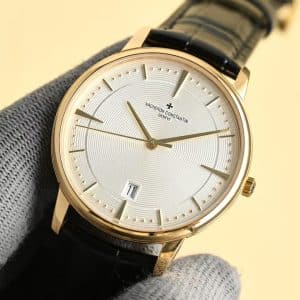 Super Clone Vacheron Constantin Patrimony 40mm Silver Engraved Dial White-Gold Case Black Leather Strap MKS Factory