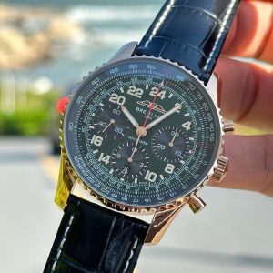 Breitling Navitimer Super Clone – BLS Factory Rose Gold Case Black 24-Hour Dial on Black Leather