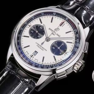 Super Clone Breitling Premier Chronograph 42 Blue-White Dial Stainless Steel Black Leather BLS Factory (V2 Version)