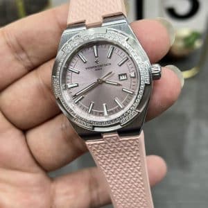 Super Clone Vacheron Constantin Overseas Lady 33mm Pink Dial Diamond Bezel Pink Rubber Strap BBS Factory