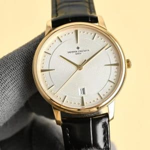 Super Clone Vacheron Constantin Patrimony 40mm Silver Engraved Dial White-Gold Case Black Leather Strap MKS Factory