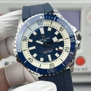 Super Clone Breitling Superocean 44 Blue Dial Cream Ring Blue Bezel with Blue Rubber Strap from BLS Factory China Replica Edition