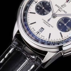 Super Clone Breitling Premier Chronograph 42 Blue-White Dial Stainless Steel Black Leather BLS Factory (V2 Version)