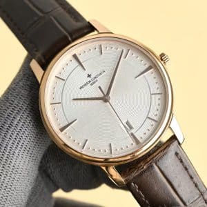 Super Clone Vacheron Constantin Patrimony 40mm Silver Engraved Dial White-Gold Case Black Leather Strap MKS Factory