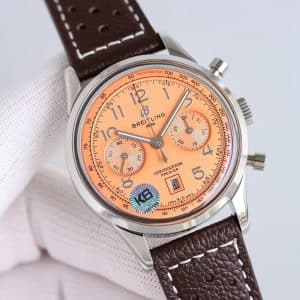 Super Clone Breitling Premier Chronograph 42 Salmon Sunburst Dial Stainless Steel Brown Leather KB Factory