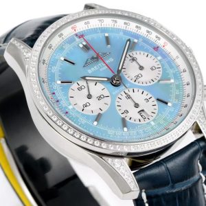 Breitling Navitimer Super Clone by VS Factory — Steel Case, Ice Blue Dial, Blue Leather Strap, Diamond Bezel