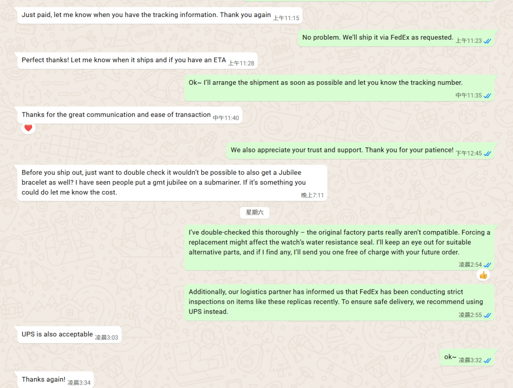 Communicating with the client regarding the details of the super clone watch.