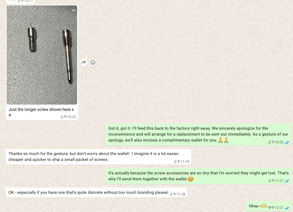 VS Factory's after-sales service chat log