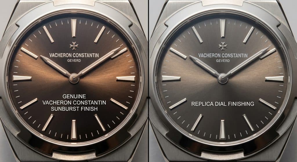 [IMAGE: Split-screen visual of dial reflection — genuine Vacheron Constantin sunburst vs. MKS Factory dial finishing]