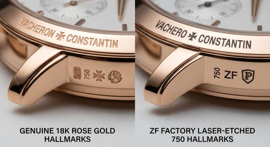 [IMAGE: Macro side-by-side of genuine 18K rose gold lug hallmarks vs. ZF Factory laser-etched 750 hallmarks]