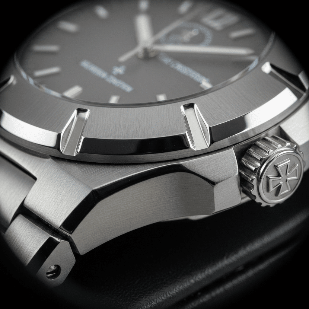 A microscopic side-angle view illuminates the razor-sharp hexagonal symmetry and speculaire polish of the Maltese Cross bezel on a ZF Factory Vacheron Constantin Overseas 4500V.