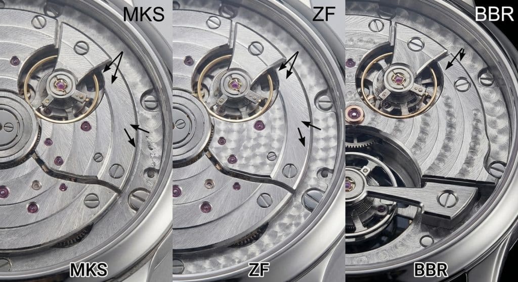 [IMAGE: Three-way side-by-side comparison of MKS, ZF, and BBR movements showing different levels of anglage and bridge decoration]