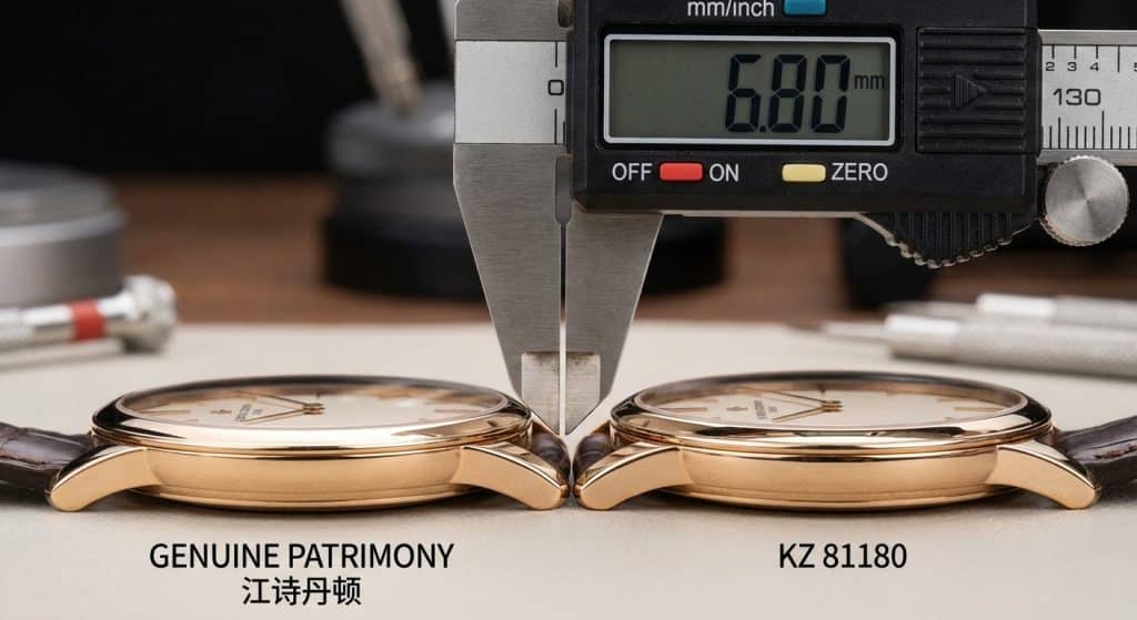 [IMAGE: Macro profile view comparing the case thickness of a KZ 81180 against a genuine Patrimony, highlighting the 6.8mm measurement.]